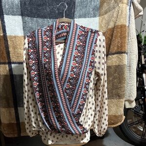 Boho cottagecore Cream and Blue Patterned Blouse Free People Vibes